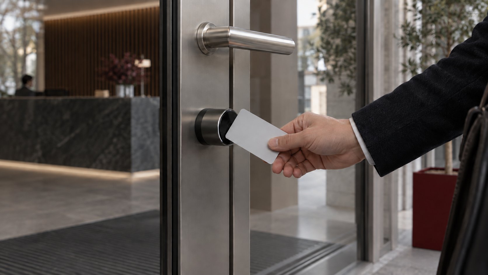 Immagine illustrativa di controllo accessi: una persona avvicina un badge a un cilindro elettronico sulla porta d’ingresso di un ufficio.