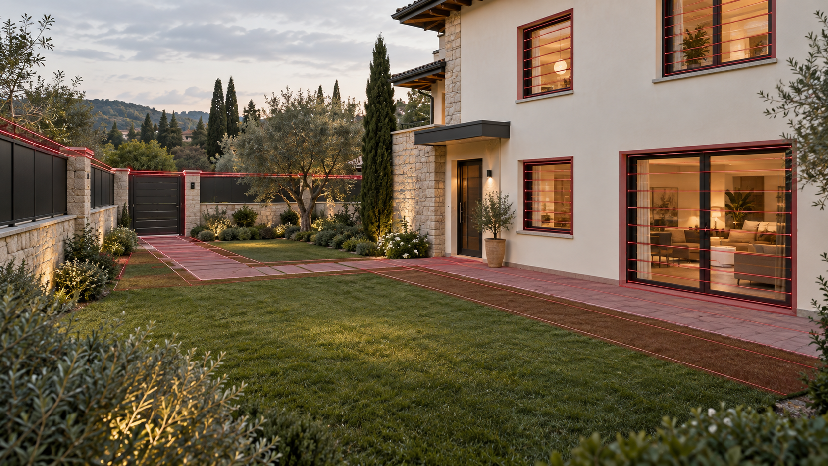 Immagine illustrativa di una casa con giardino: linee e aree bordeaux rappresentano i livelli di protezione su recinzione, accessi, finestre e percorsi esterni.