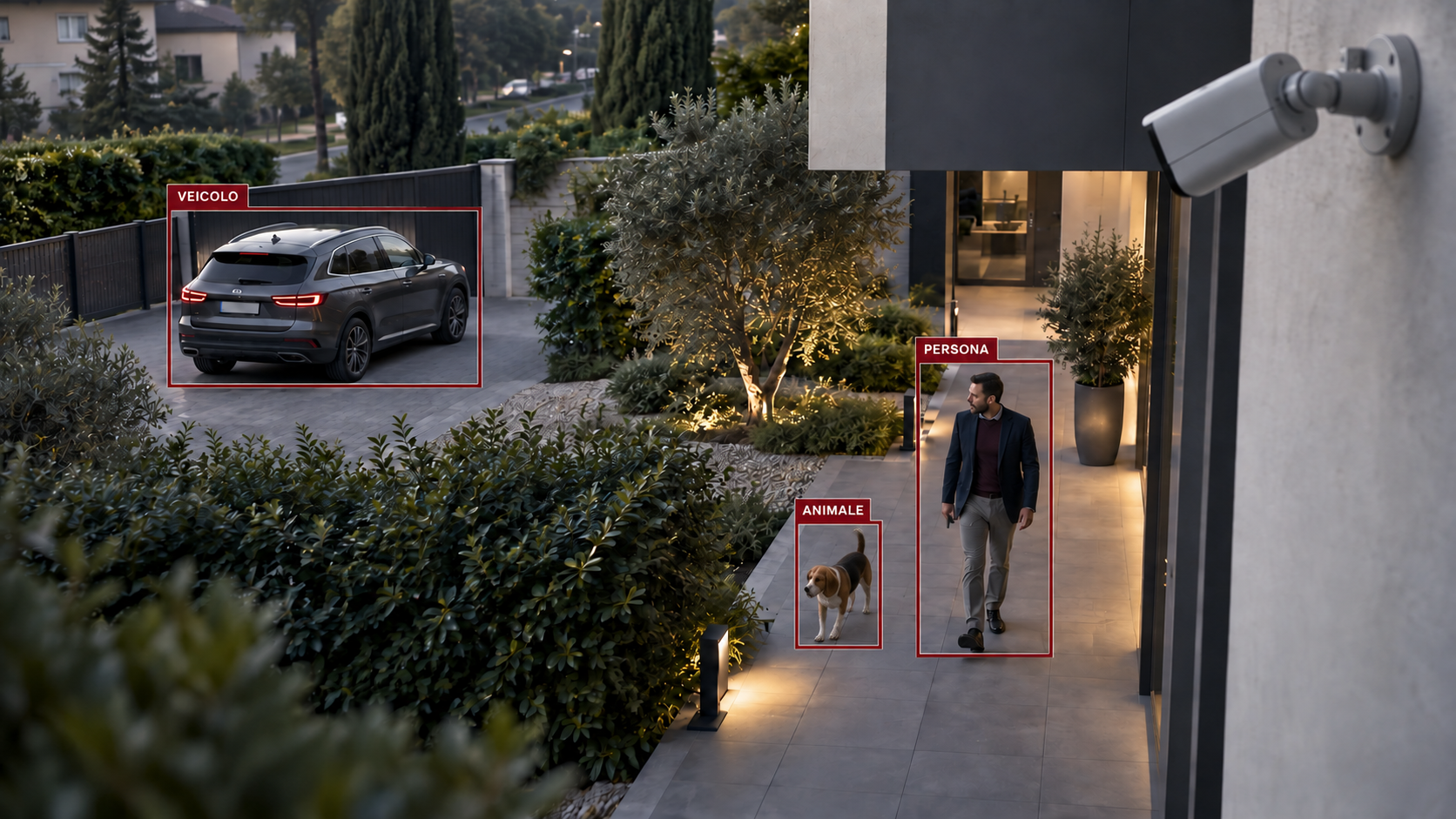 Immagine illustrativa di videosorveglianza di una villa: telecamera rivolta verso il cortile e riquadri di videoanalisi bordeaux che distinguono un veicolo, una persona e un cane.
